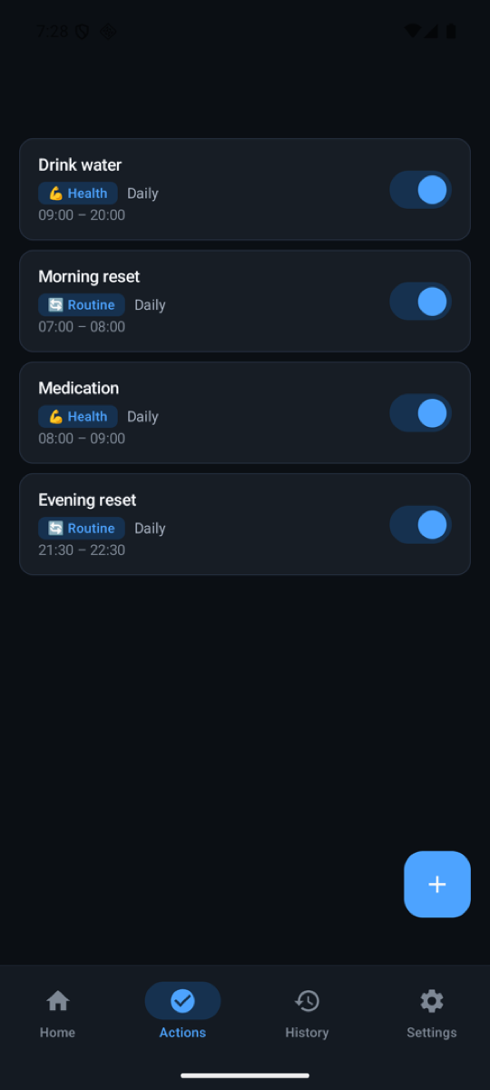 The list of habits with category, schedule, time window and a switch to pause each one.