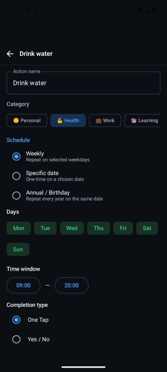 The habit editor: name, category, weekly or specific-date schedule, day picker, time window and completion type.