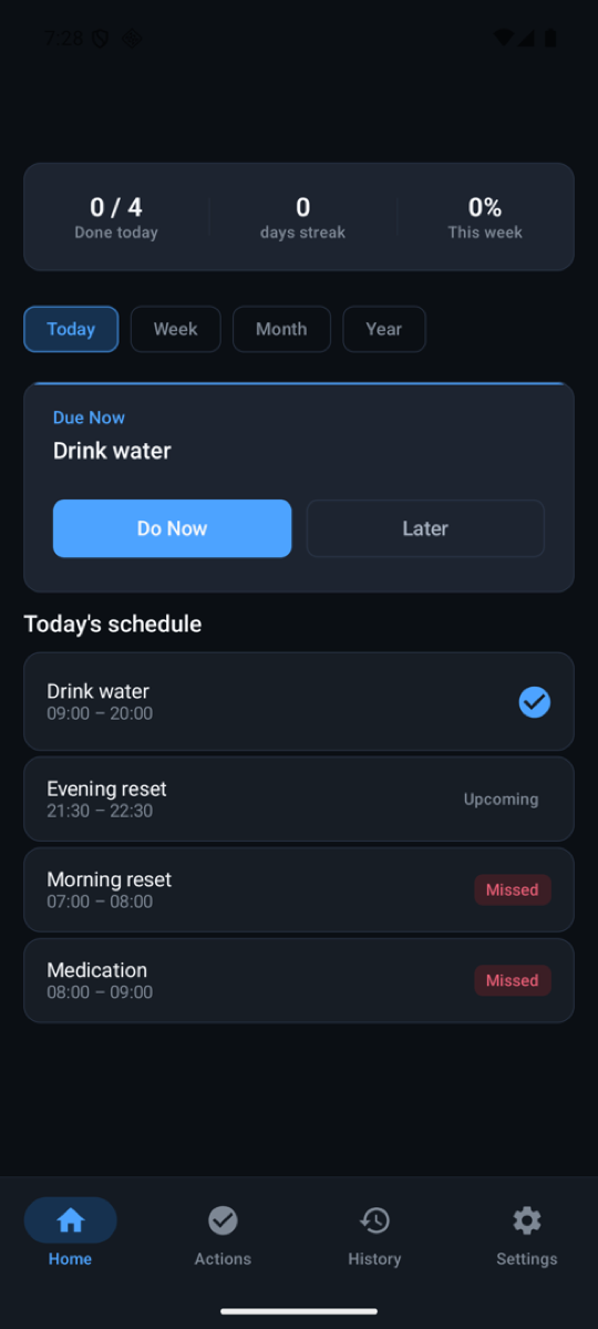 Complevia's home screen: one action due now with Do Now and Later, and today's schedule below it showing done, upcoming and missed.