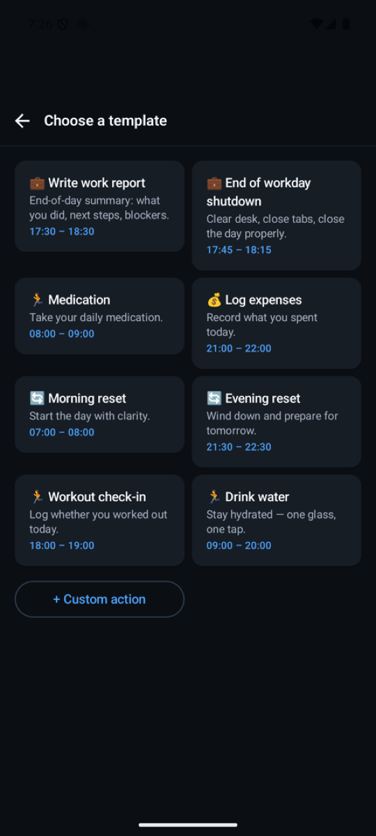 A grid of ready-made habit templates: write work report, medication, morning reset, drink water, each with its own time window.